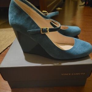 Vince Camuto Suede Teal Wedge Mary Jane Shoes